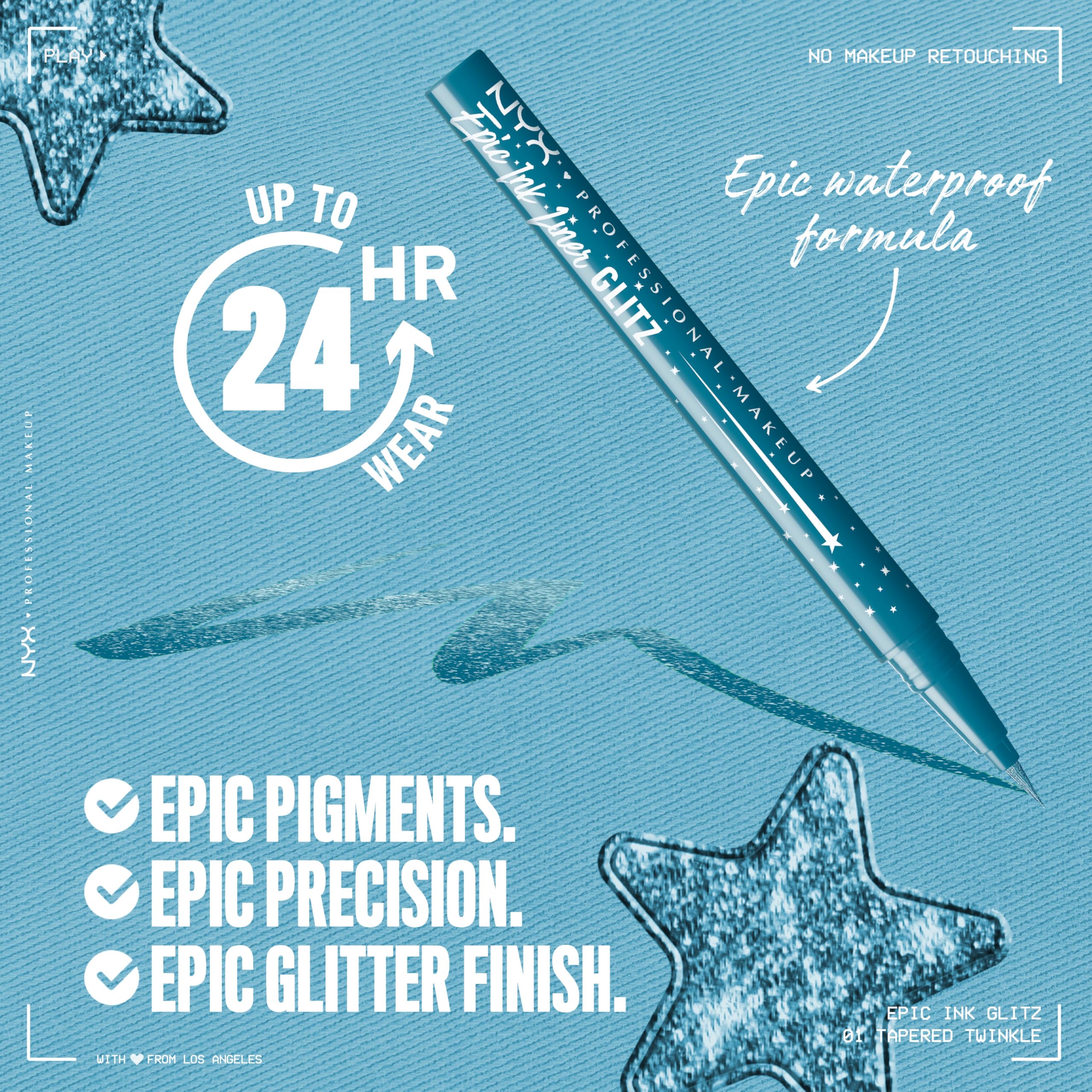 NYX Professional Makeup Epic Ink Glitz Liner brillo metalico azul turquesa para realzar el estilo.