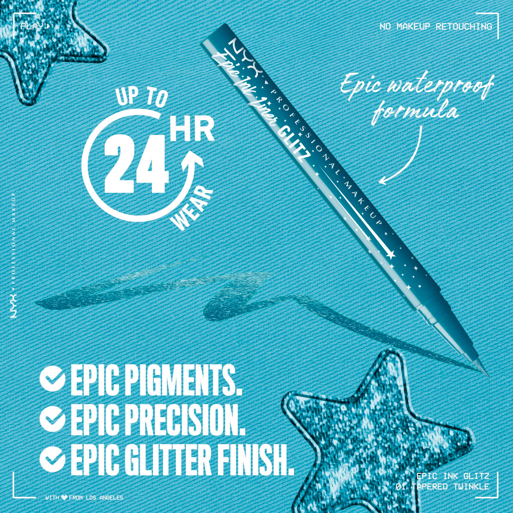 NYX Professional Makeup Epic Ink Glitz Liner brillo metalico azul turquesa para realzar el estilo.