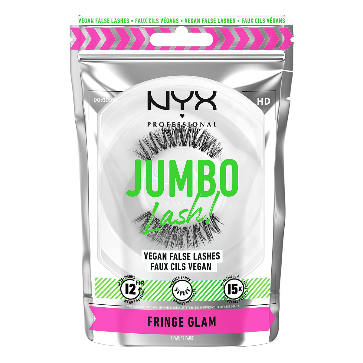 Pestañas veganas Jumbo Lash de NYX con banda invisible para un look natural.