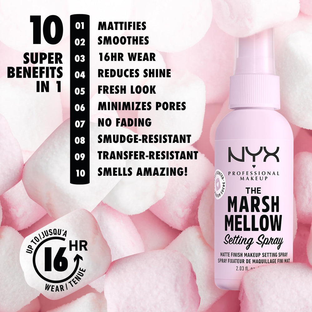 Rociada de NYX Marshmellow Setting Spray ofrece acabado mate y fijación duradera.