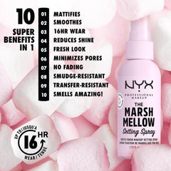 Rociada de NYX Marshmellow Setting Spray ofrece acabado mate y fijación duradera.