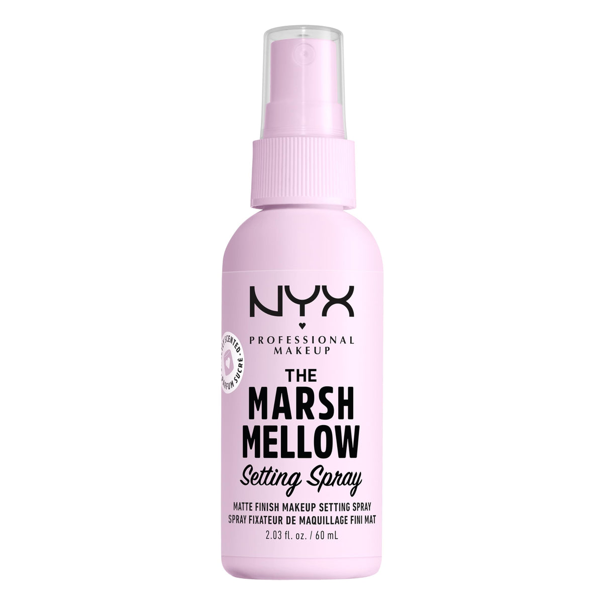Botella de NYX Marshmellow Setting Spray lista para fijar el maquillaje con acabado mate.