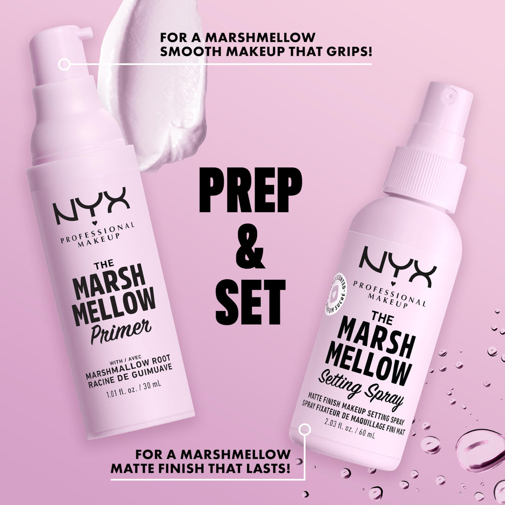 Aplicación a seis pulgadas de NYX Marshmellow Setting Spray para fijar la base.