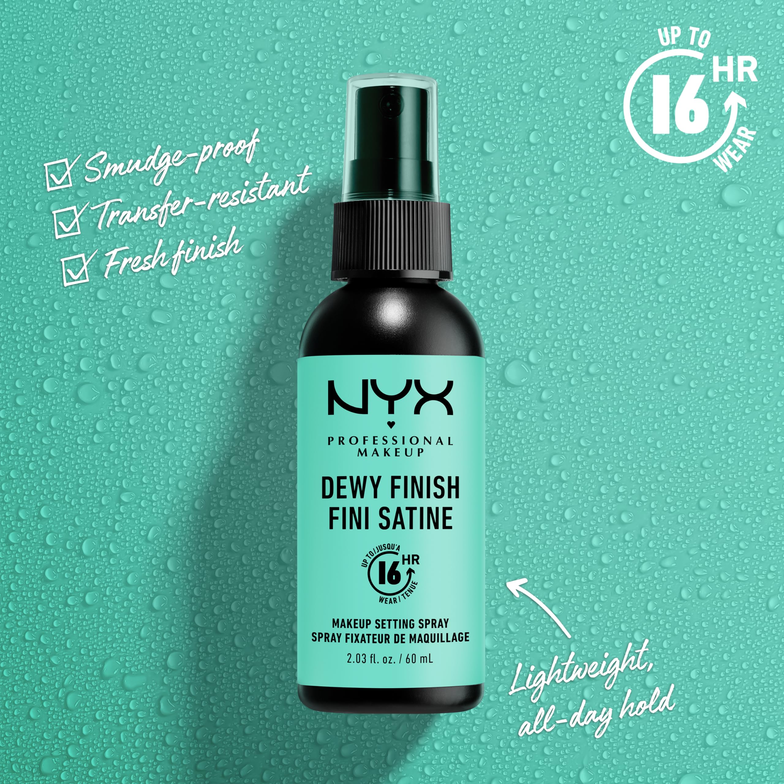 Niebla fijadora NYX Professional Makeup con acabado húmedo para piel radiante.