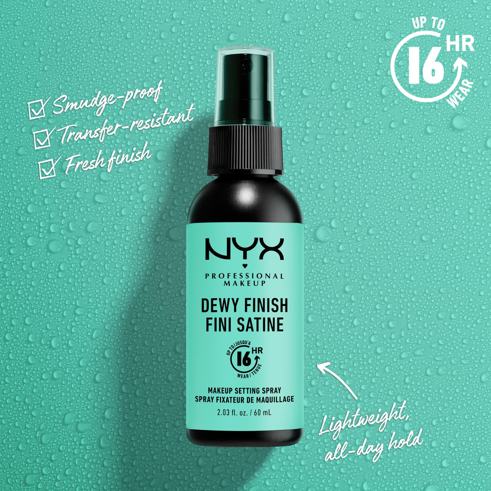 Niebla fijadora NYX Professional Makeup con acabado húmedo para piel radiante.