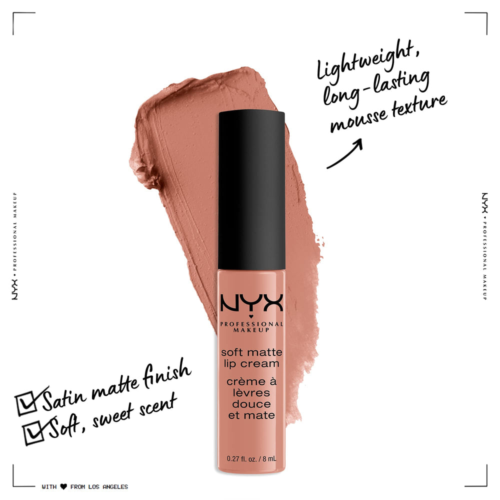 NYX Soft Matte Lip Cream Stockholm muestra color suave para labios.
