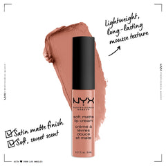 NYX Soft Matte Lip Cream Stockholm muestra color suave para labios.