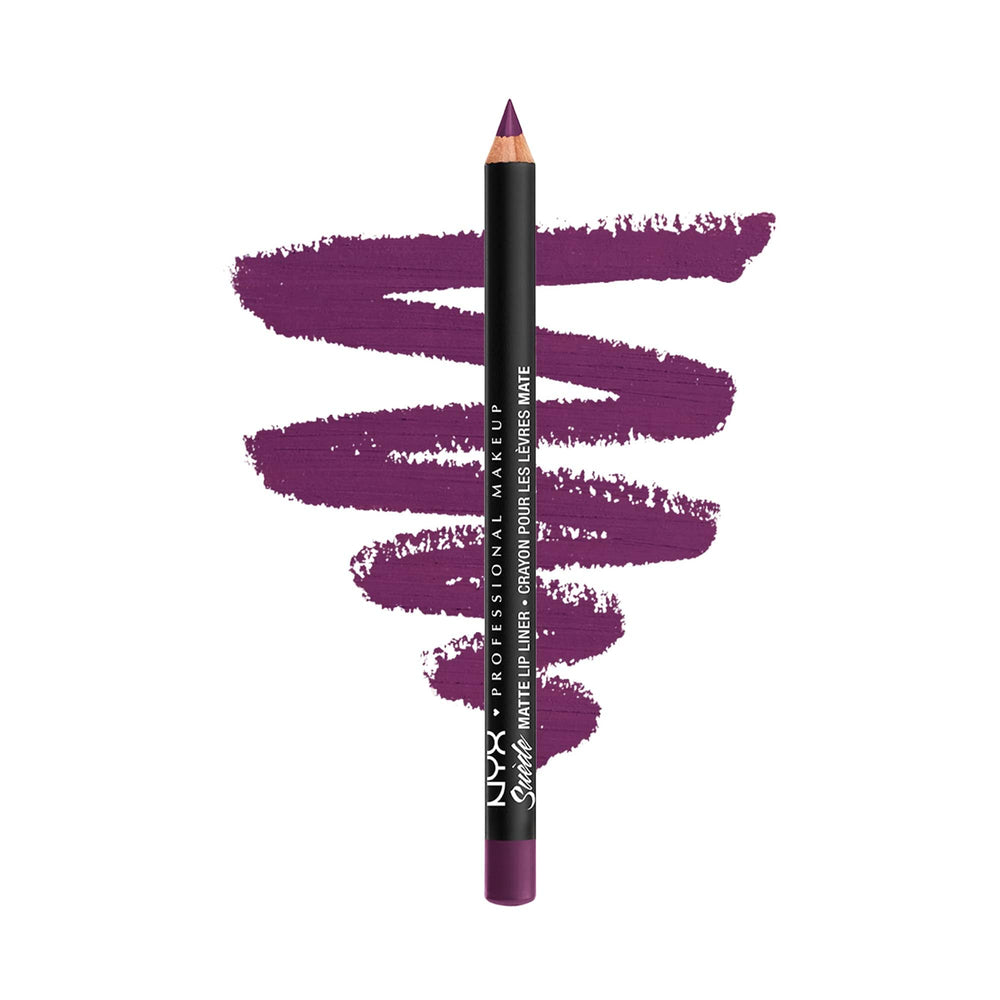 Delineador labial NYX Suede Matte, tono vino púrpura, definición duradera.