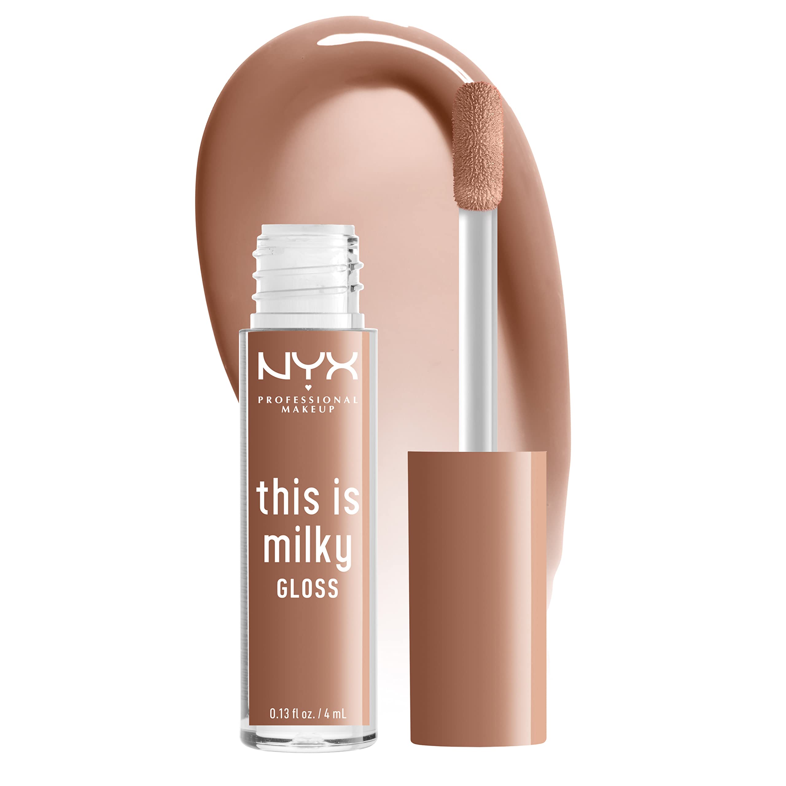 NYX This Is Milky Gloss brillo lechoso en labios con hidratación prolongada.