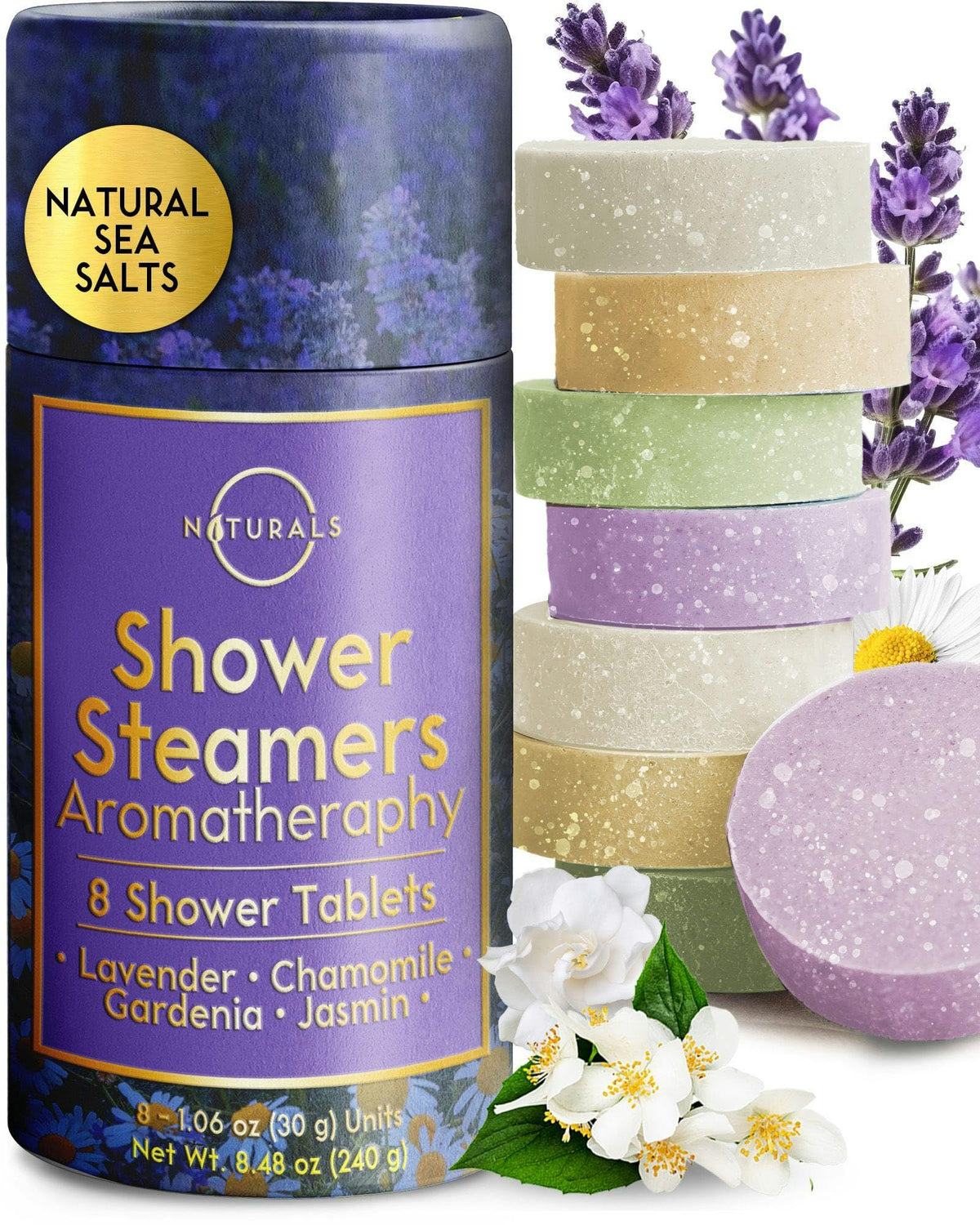 Bombas de ducha O NATURALS, empaque dorado, ideal para regalo y relajación.