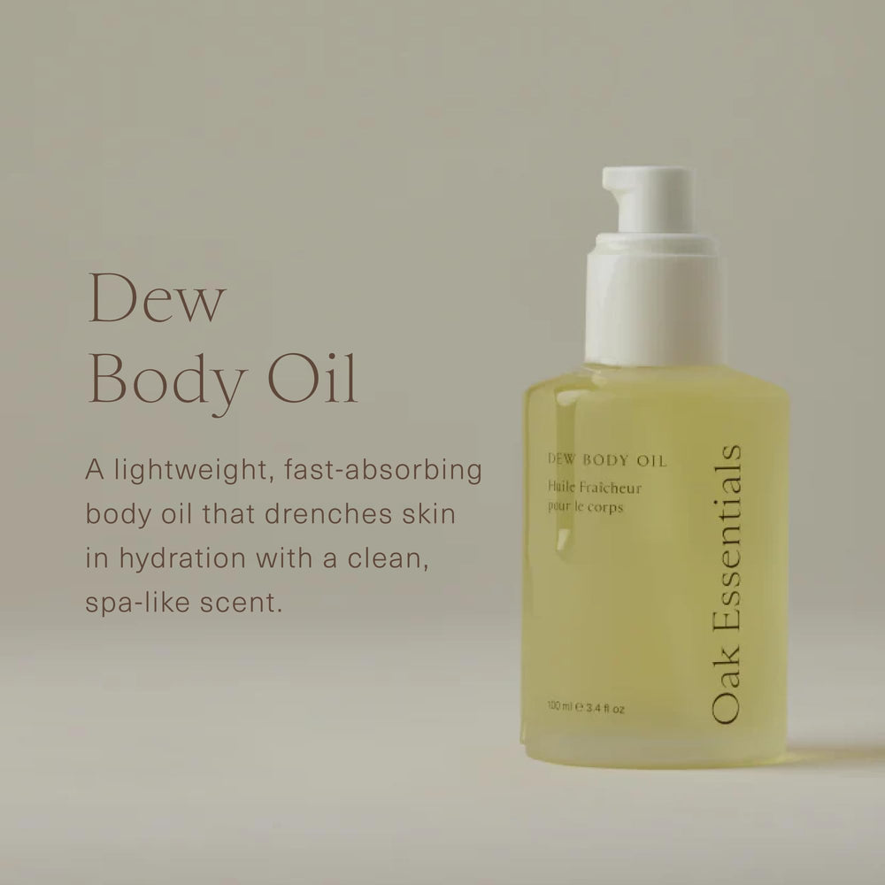 Oak Essentials Dew Body Oil, application-sur-peau: soin nourrissant qui pénètre sans résidu.
