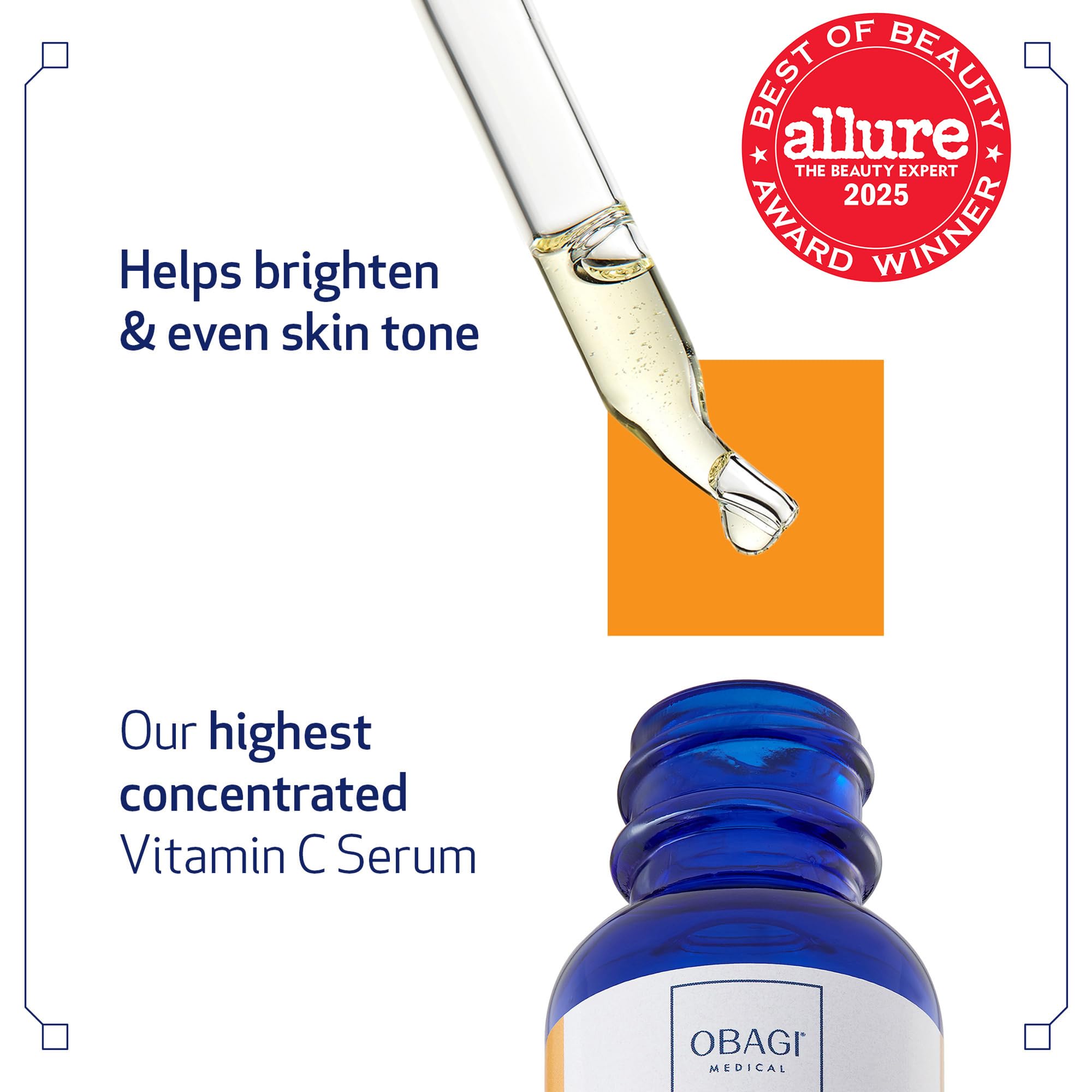 Obagi Medical Serum C-20, etiqueta muestra concentración del 20% en la franja