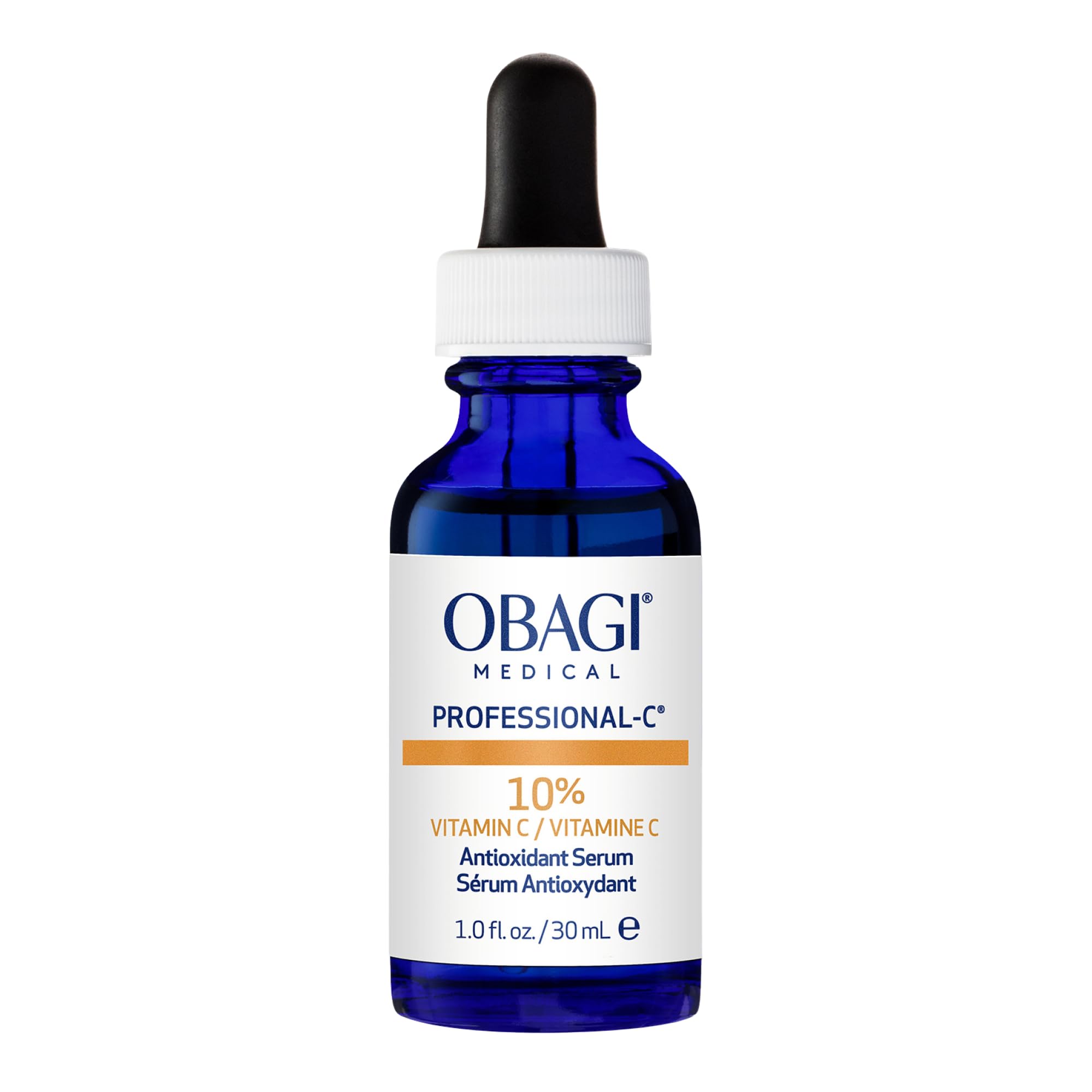 Obagi Professional-C 10% Serum, botella y gota para una aplicación suave diaria.