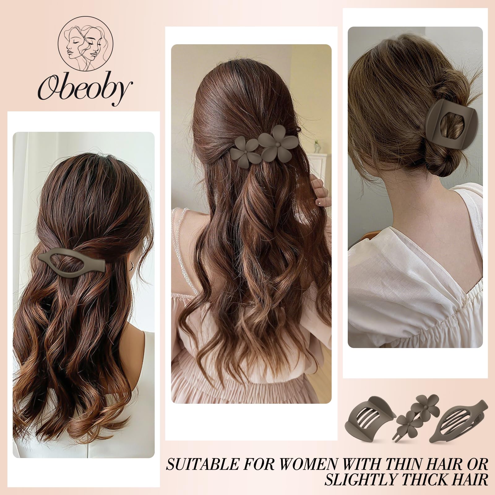 Obeoby clip frances plano marrón ofrece sujeción estable para peinados.