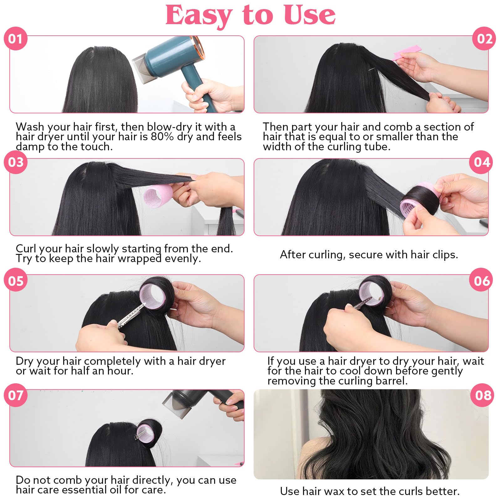 Rulos obeoby de 60 mm con agarre, ondas naturales para cabello largo.