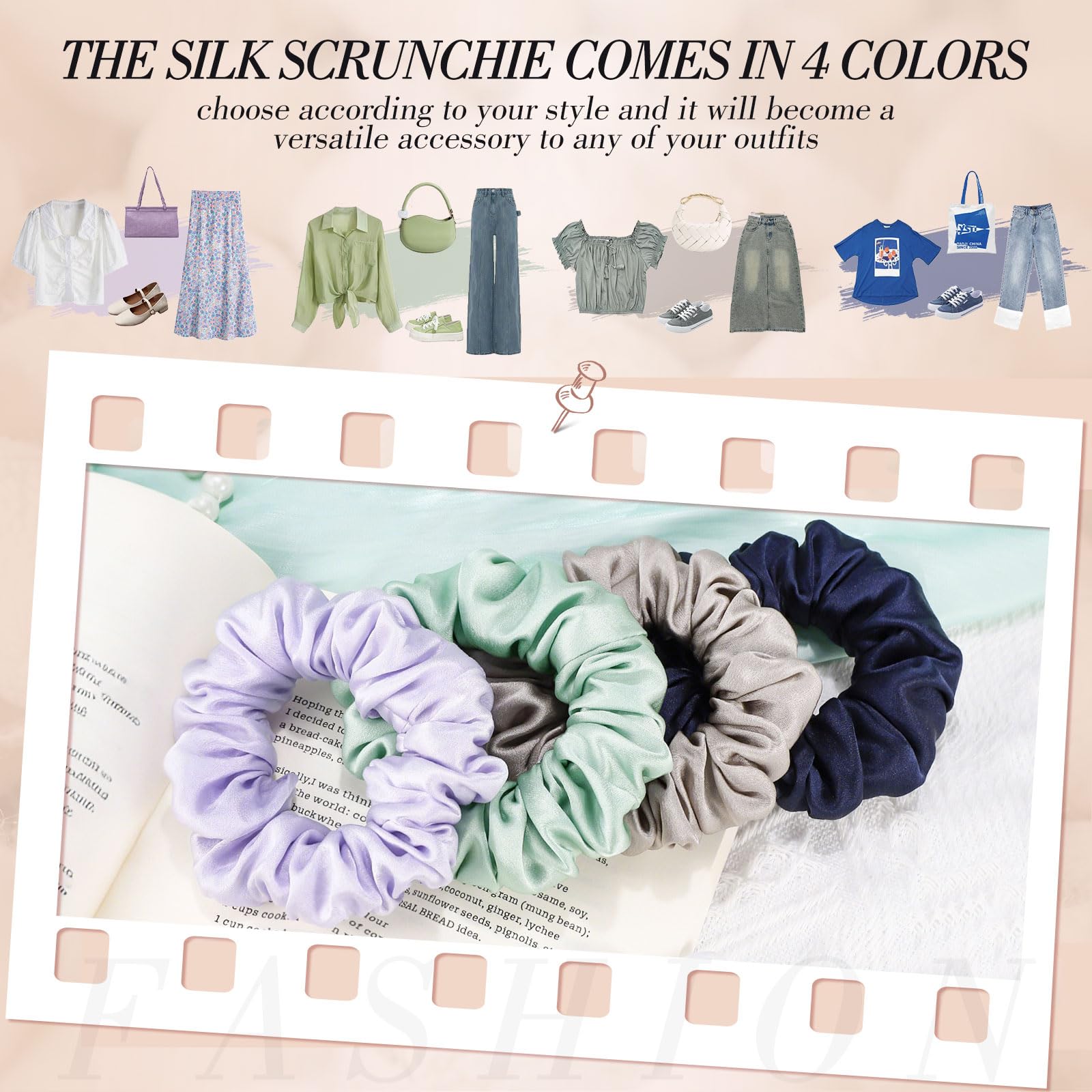 Conjunto de gomas seda verde salvia, complemento versátil para estilos.