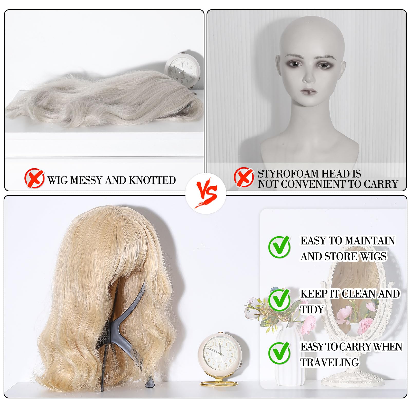 Obeoby Wig Stand Diseño Hueco Negro, ayuda a secar y conservar la forma.