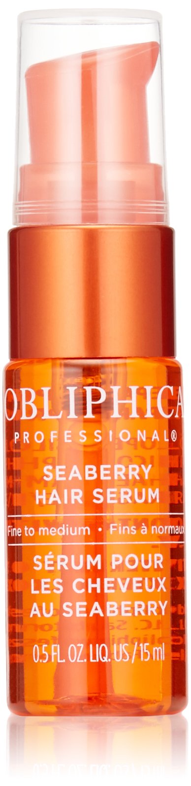 Obliphica Professional Seaberry serum: botella para cabello fino con brillo suave.