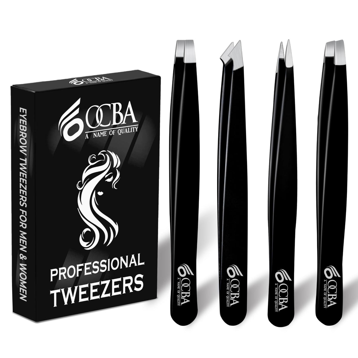 Pinzas OCBA de 4 piezas con estuche para viaje, precisión para modelar cejas con confianza.