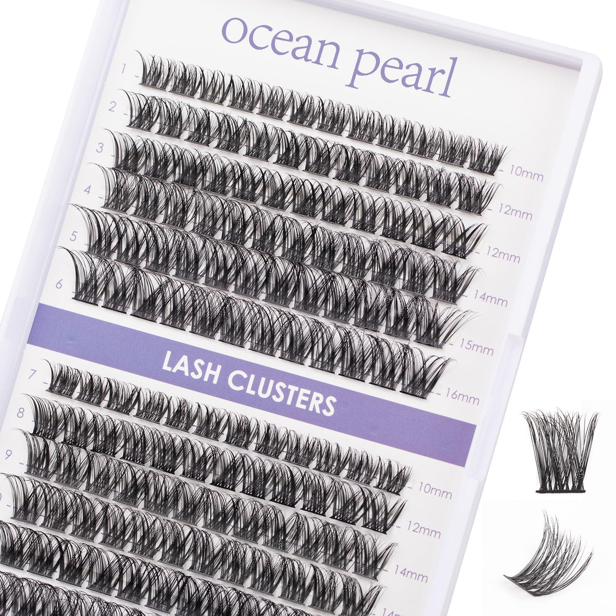 Ocean Pearl Lash Clusters en caja destacada para un efecto natural con 144 piezas.