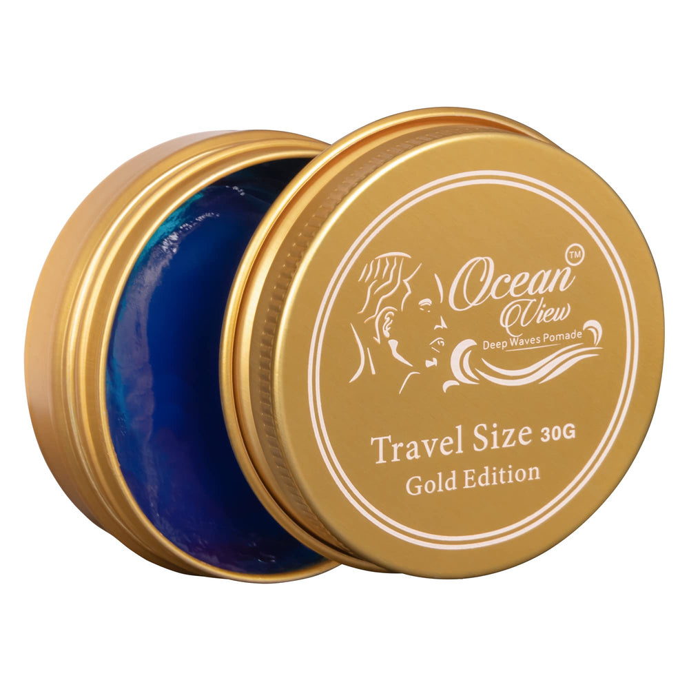 Ocean View Deep Waves Pomade Edición Dorada, botella visible, define ondas con brillo natural.