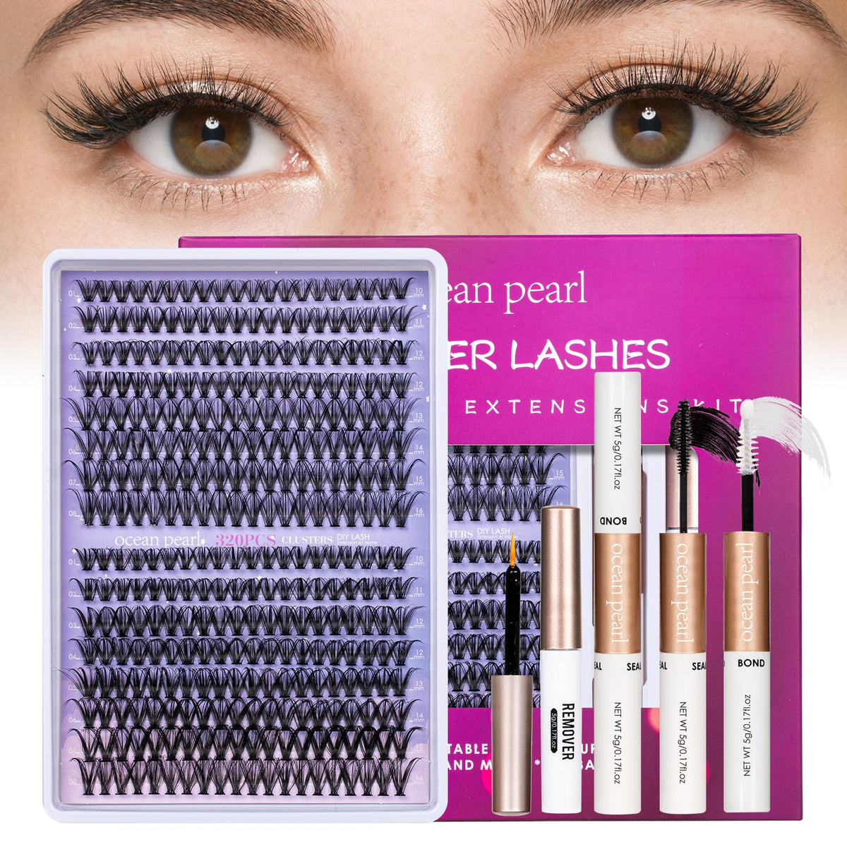 Ocean Pearl kit pestanas cluster 320, listo para crear estilo profesional en casa.