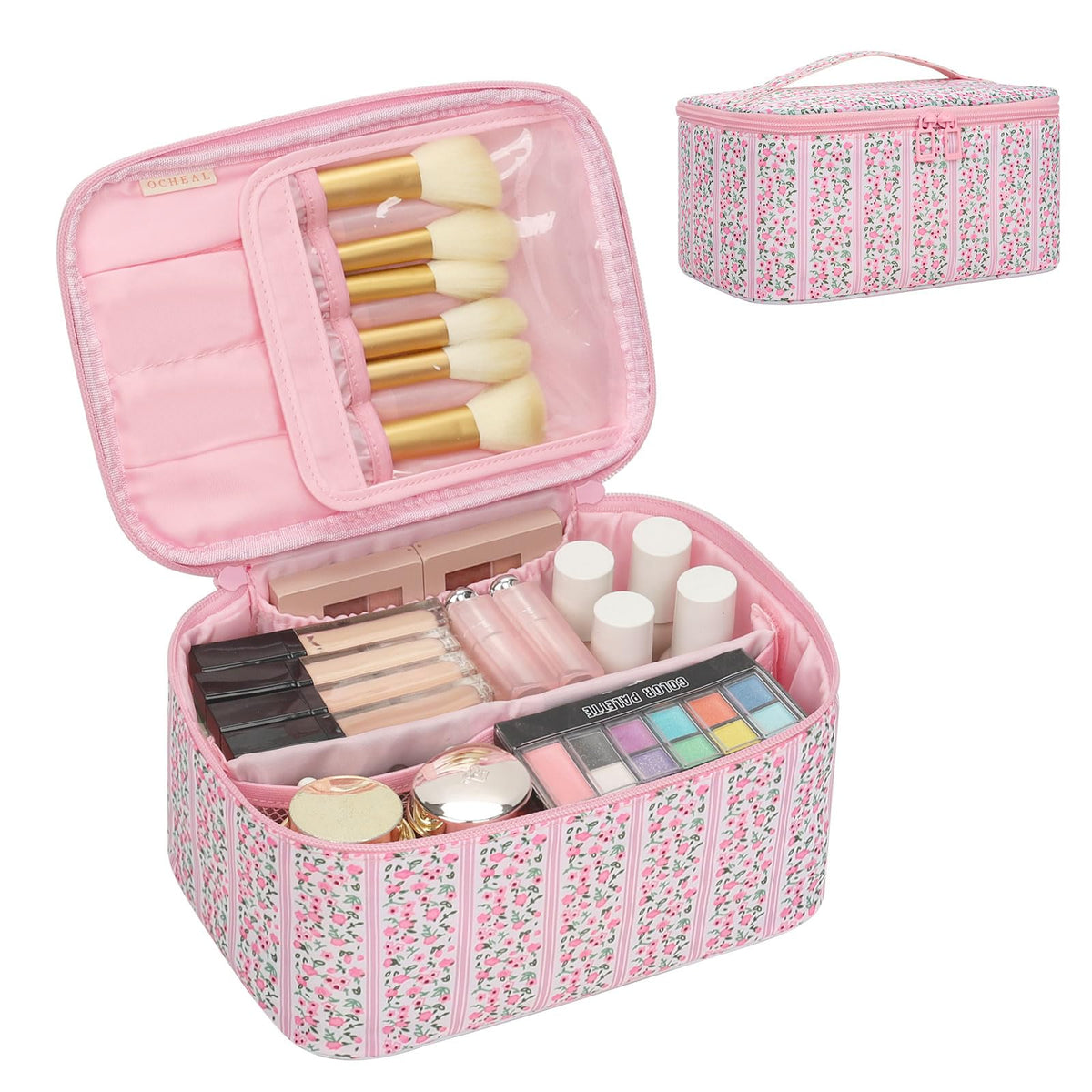 OCHEAL bolsa de maquillaje rosa floral, ideal para viajes y organización diaria.