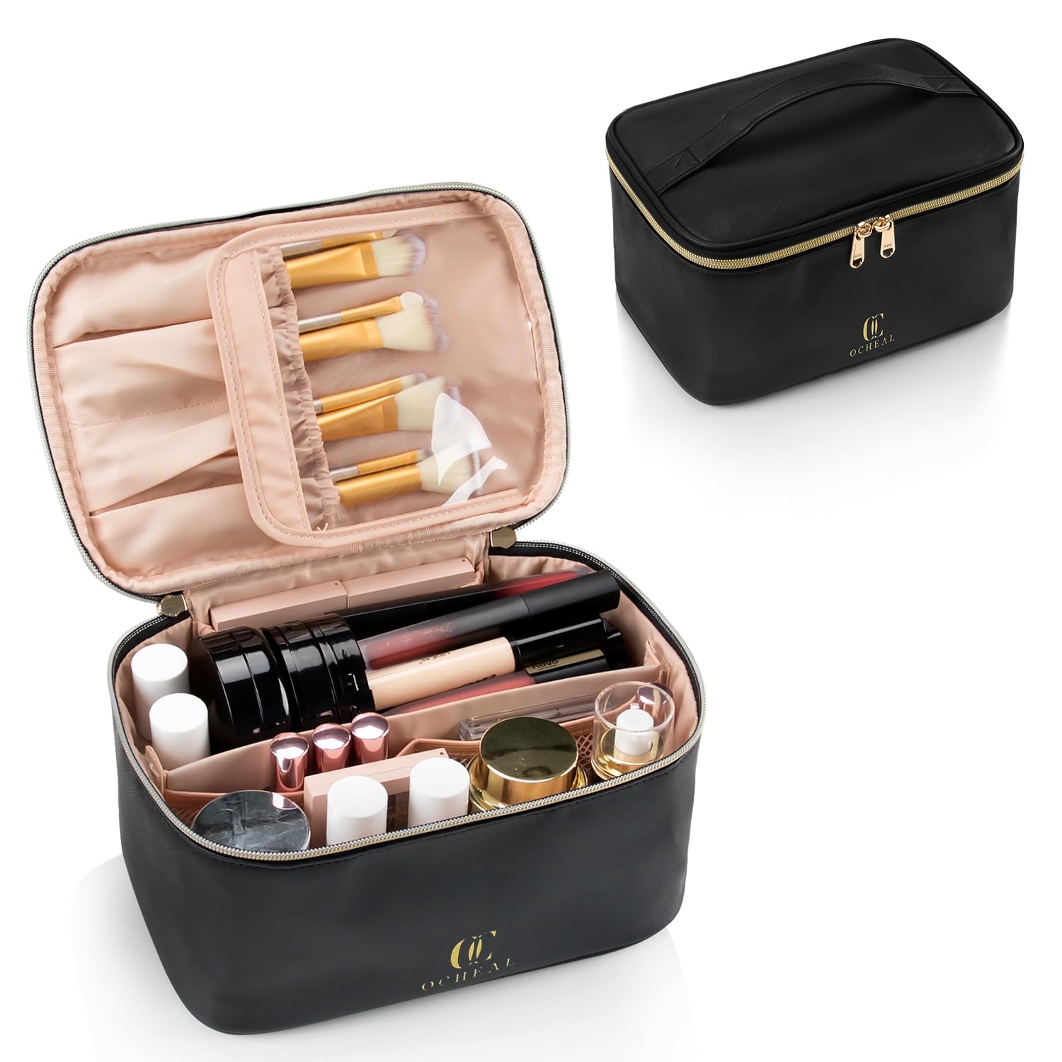 OCHEAL bolsa maquillaje portátil con compartimento para brochas, ideal para viajes.