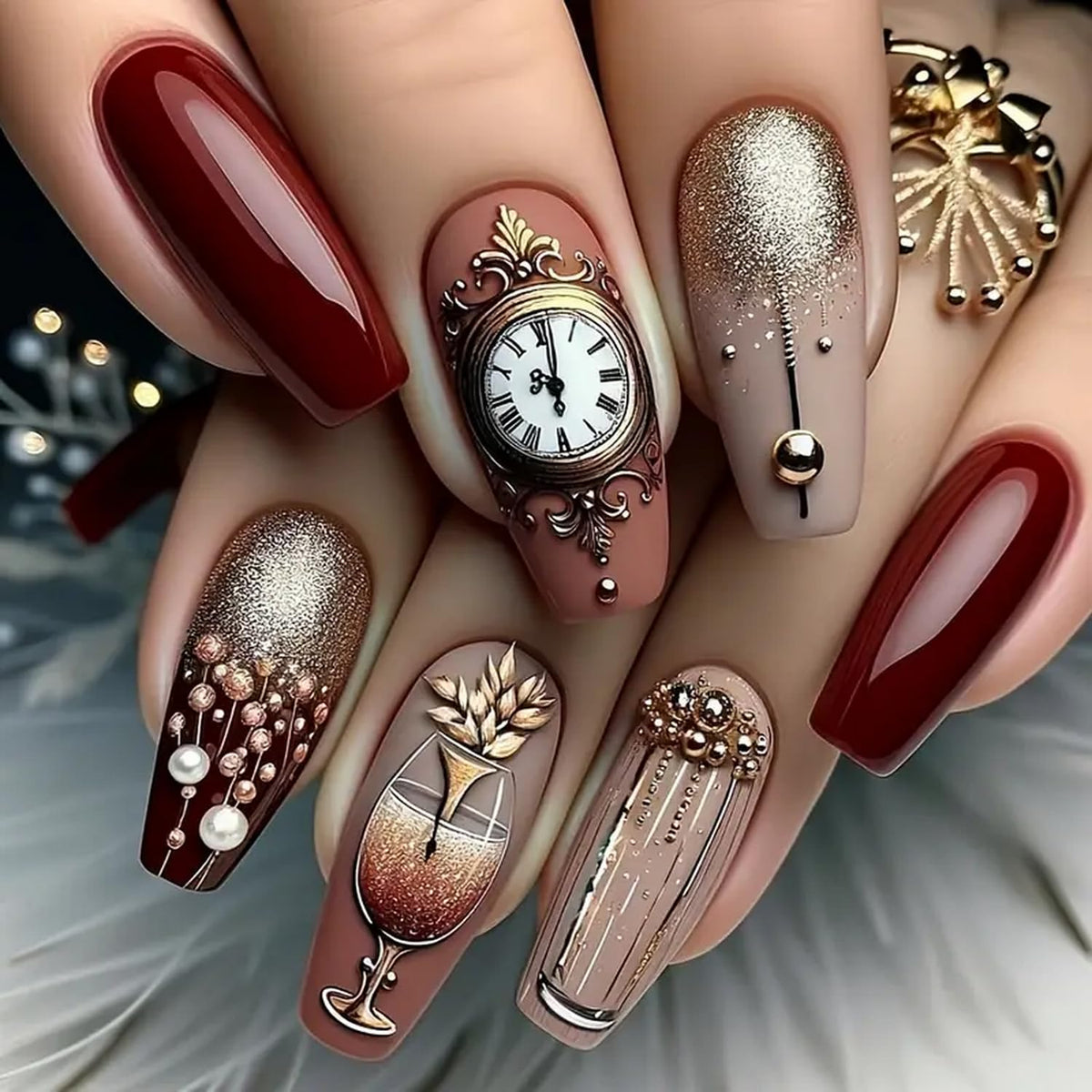 OCOUYVD uñas postizas en forma ataúd para Navidad, con brillo festivo y cobertura total.