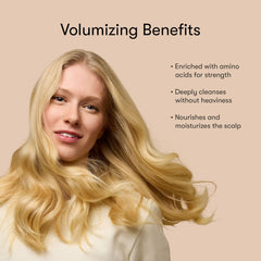 Odele Volumizing Shampoo provides natural shine on straight and wavy textures.