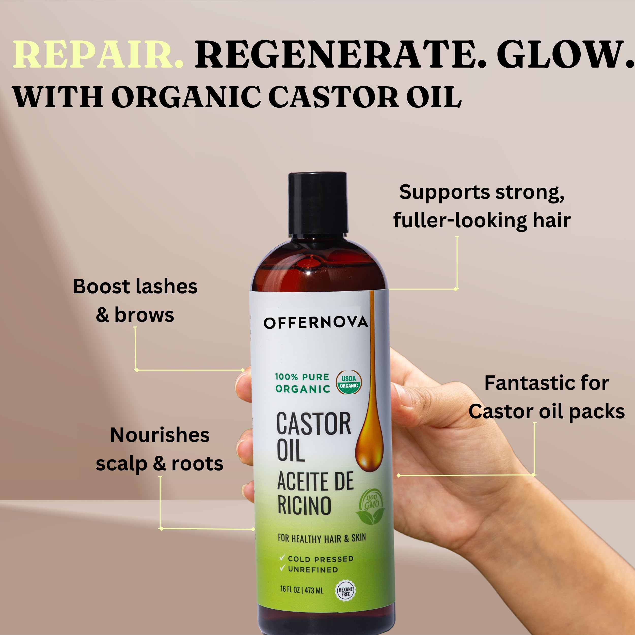 Brillo sedoso del cabello con Offernova Aceite de Ricino.