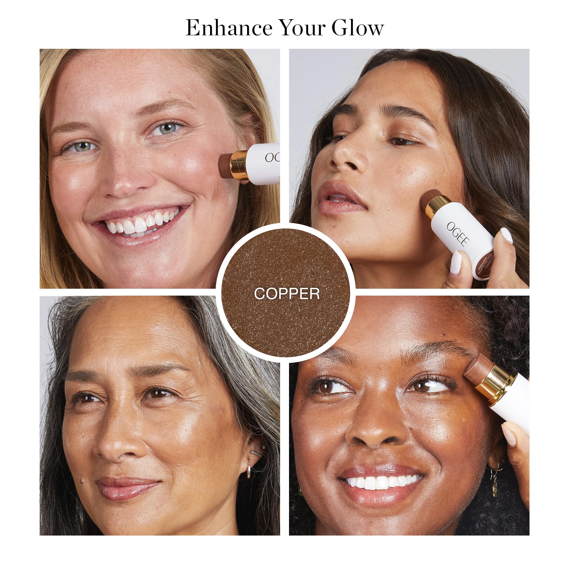 Ogee barra facial cobre, tono cálido para piel.