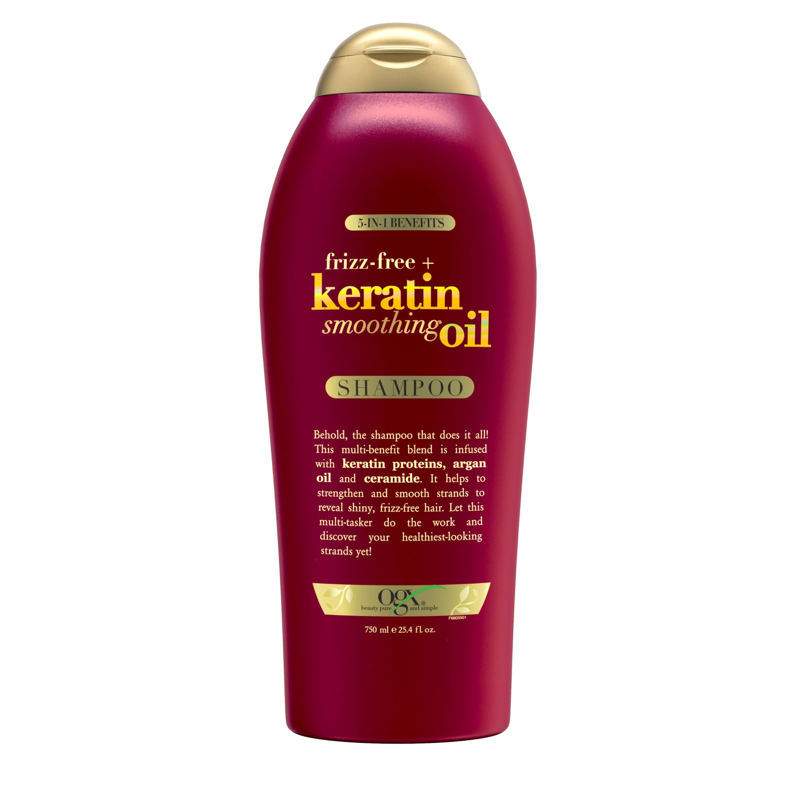 OGX Champú Antifrizz con Keratina, botella frontal, controla el frizz y aporta brillo.