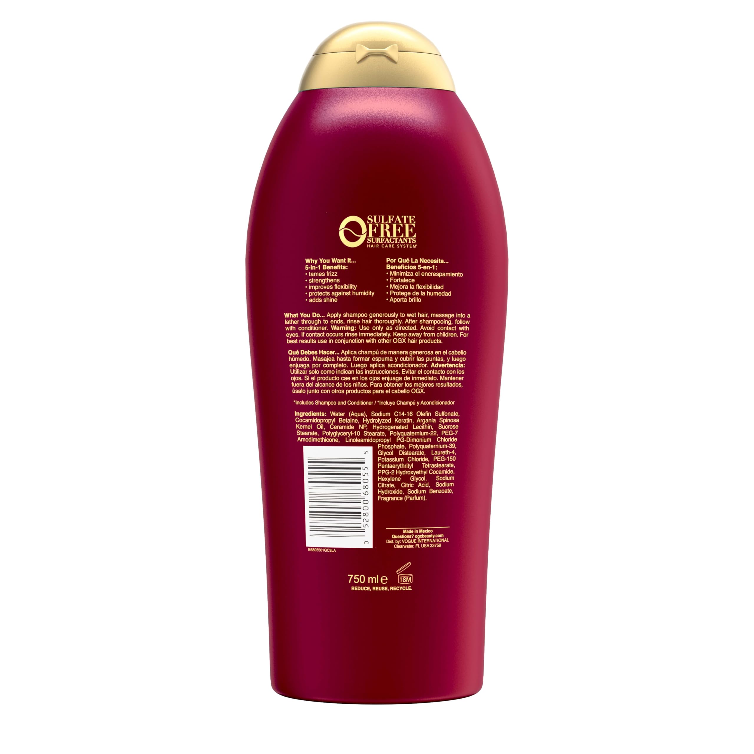 OGX Champú Antifrizz con Keratina, estante de tienda, aroma tropical y brillo duradero.