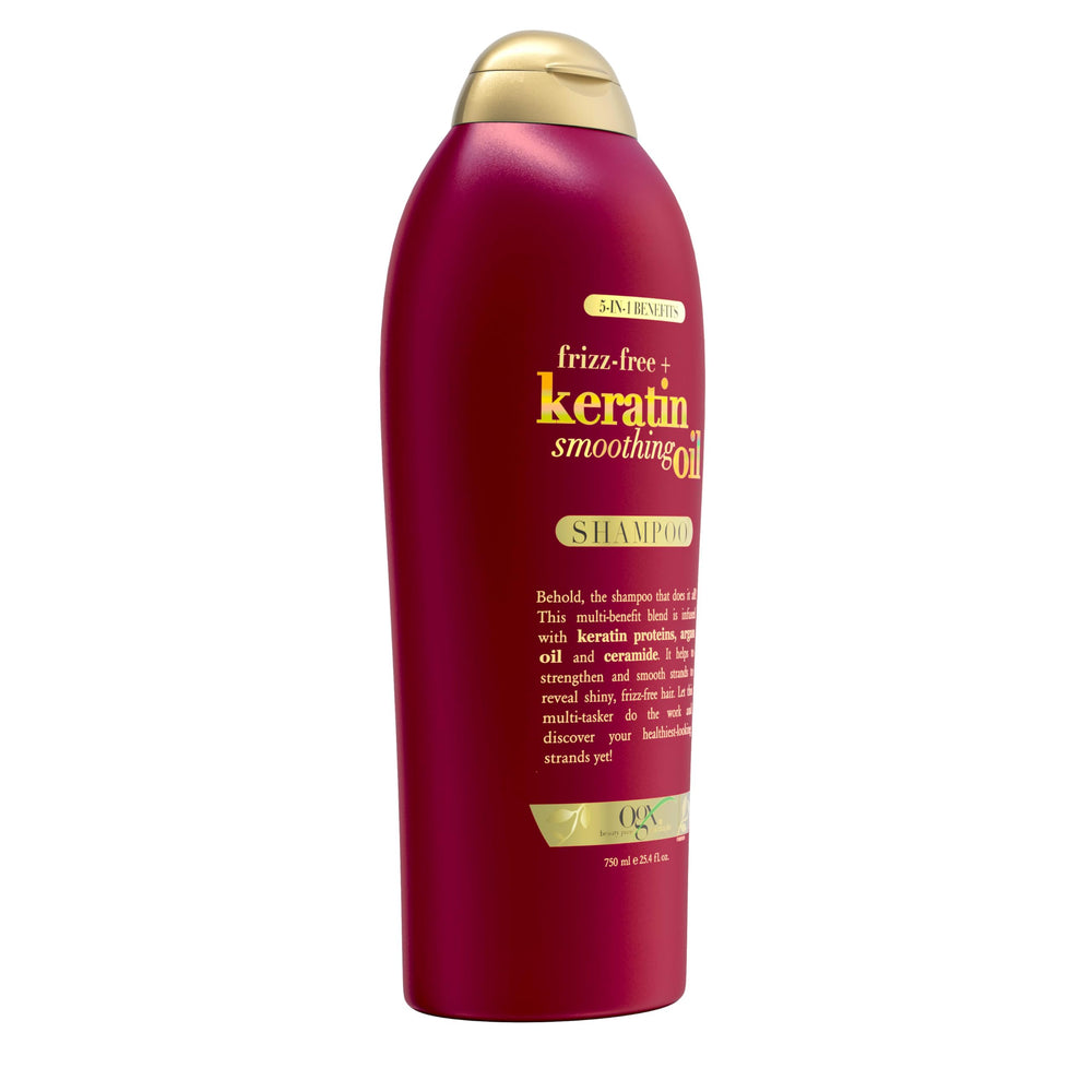 OGX Champú Antifrizz con Keratina, ingredientes clave keratina y argán para nutrir.