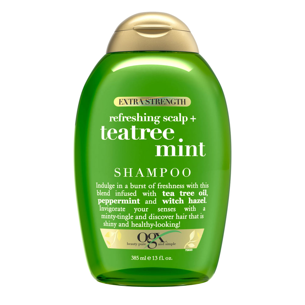 OGX Teatree Mint: vertido de la botella para una limpieza refrescante del cuero cabelludo.