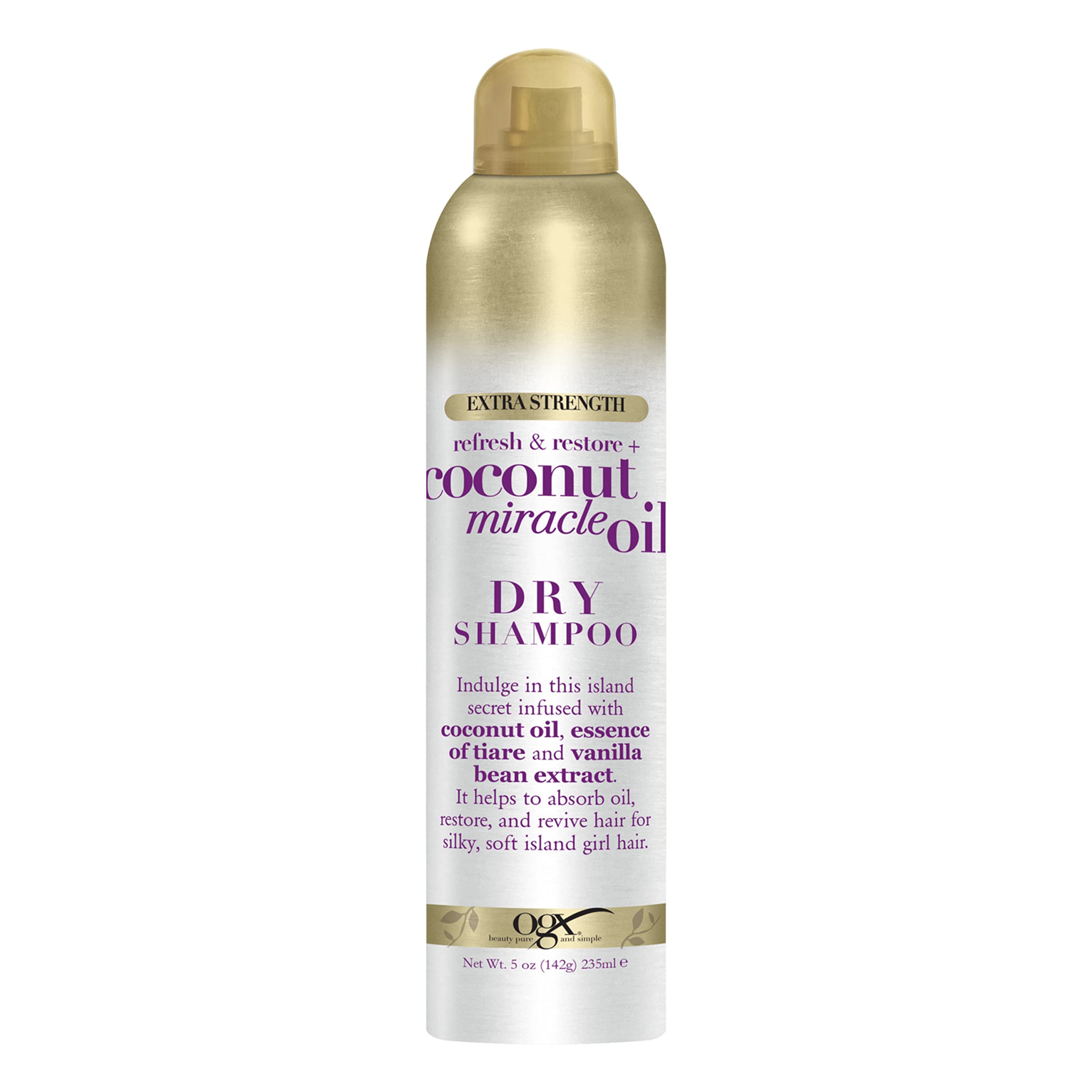 OGX champú en seco coco, botella, absorbe grasa y deja cabello fresco.