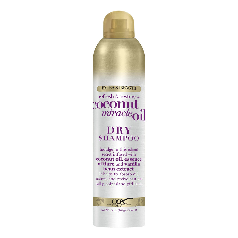 OGX champú en seco coco, botella, absorbe grasa y deja cabello fresco.