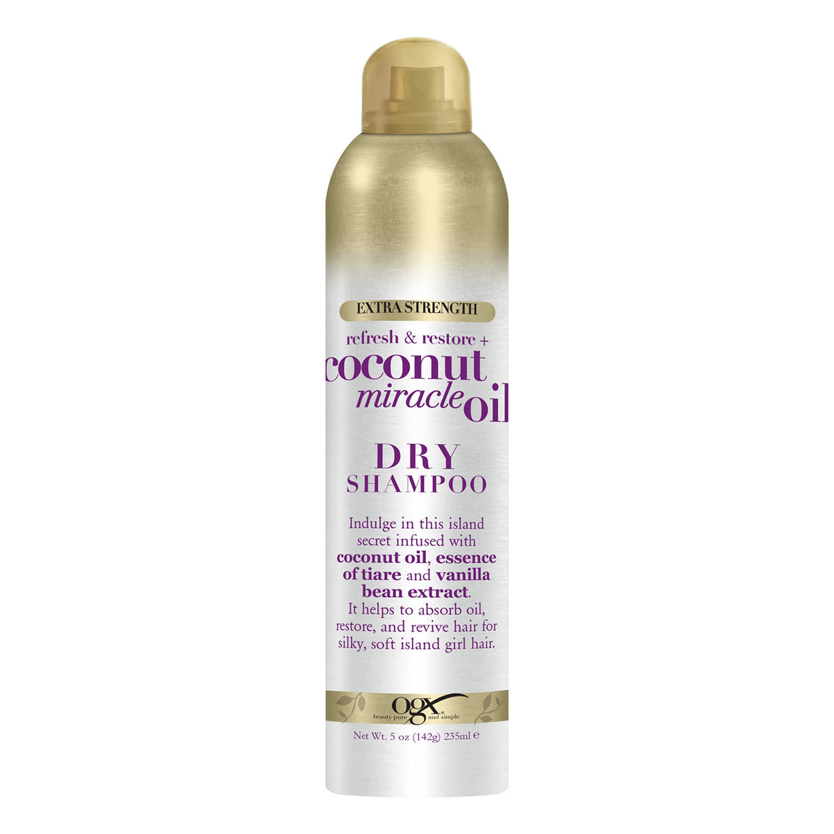 OGX champú en seco coco, botella, absorbe grasa y deja cabello fresco.