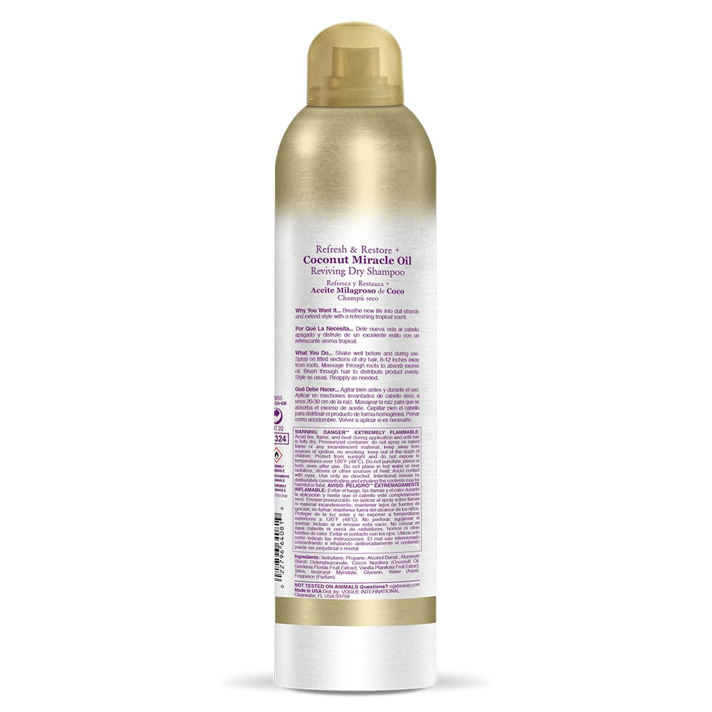 OGX champú en seco coco, esencia de tiare, aroma tropical que refresca.