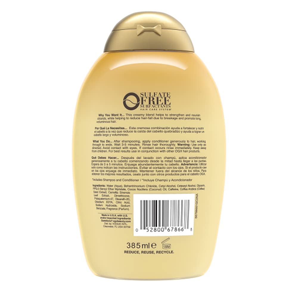 OGX aplicación en cabello mojado, acondicionador anti-caída para mayor elasticidad.