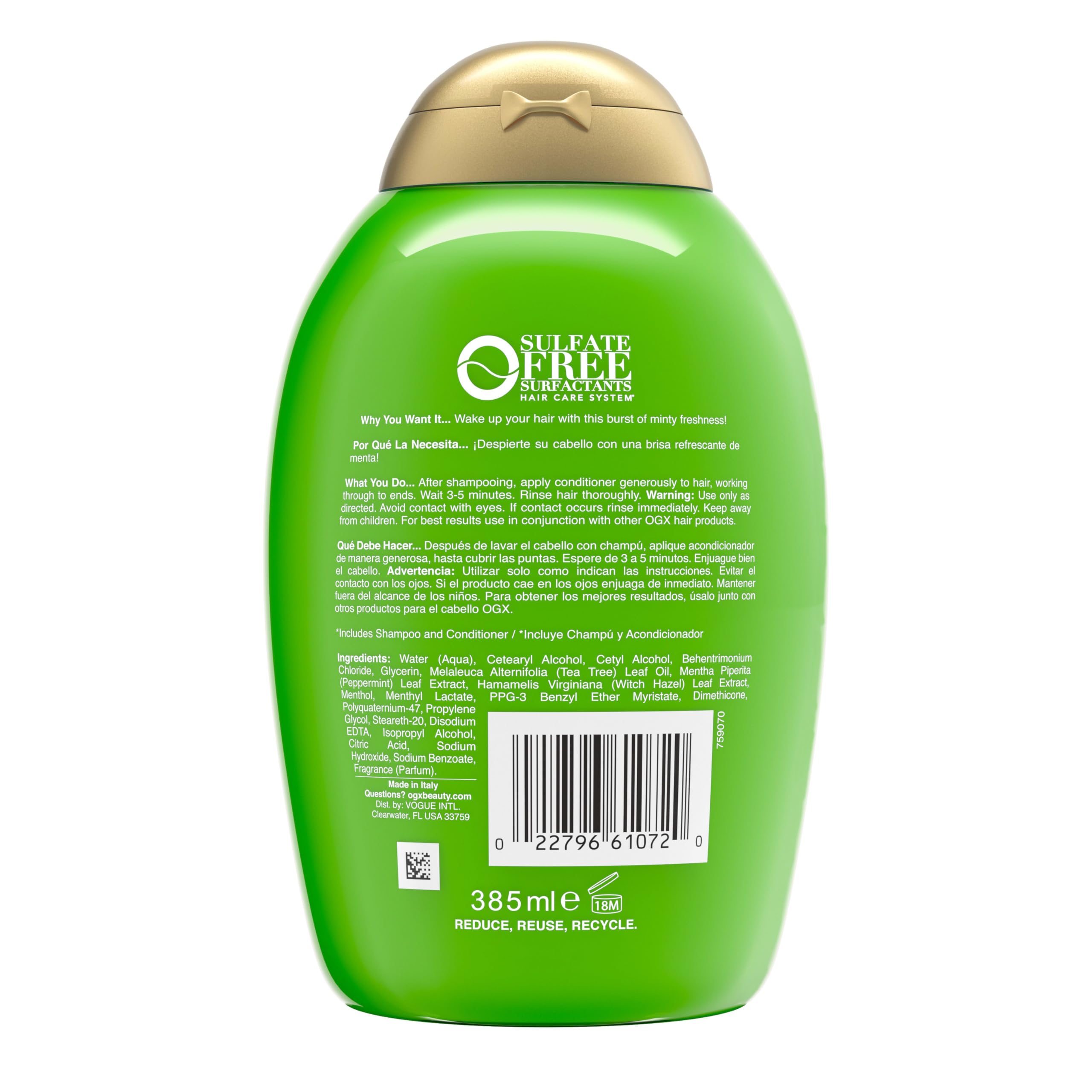 OGX acondicionador árbol de té menta, libre de parabenos y sulfatos para uso diario.