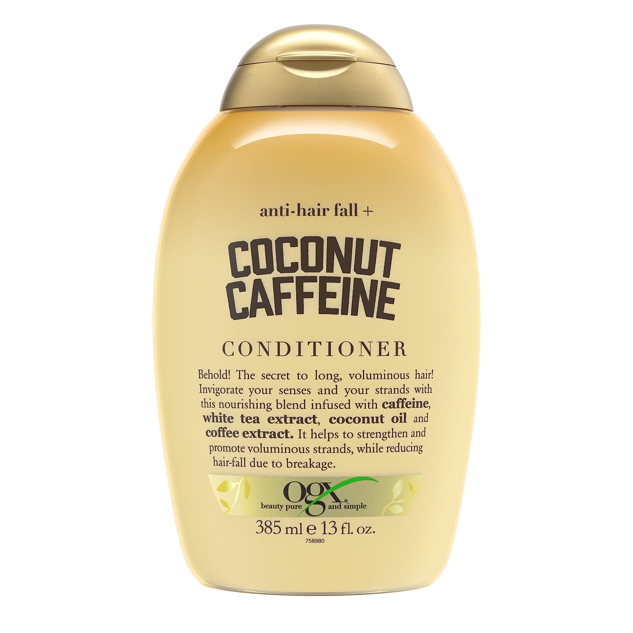 OGX botella de acondicionador fortificante con cafeína y coco para fortalecimiento.