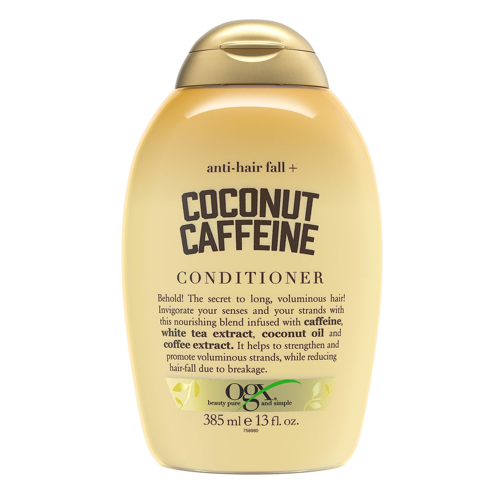 OGX botella de acondicionador fortificante con cafeína y coco para fortalecimiento.