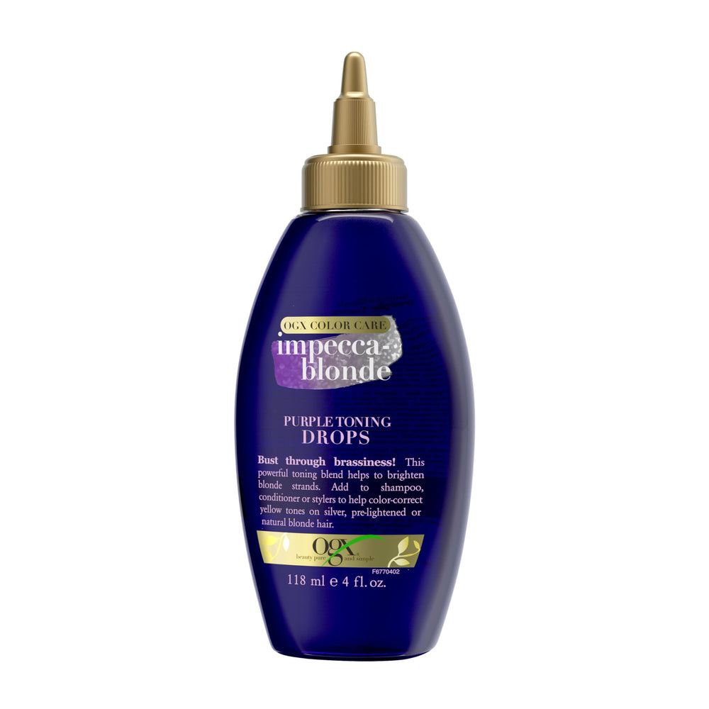 OGX Impecca-Blonde Purple Toning Drops en botella para tono personalizado.
