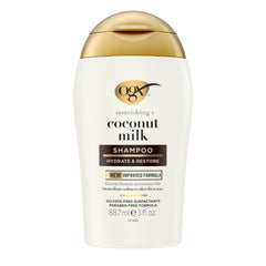 OGX champú nutritivo leche de coco, envase visible, suaviza cabello desde la primera aplicación