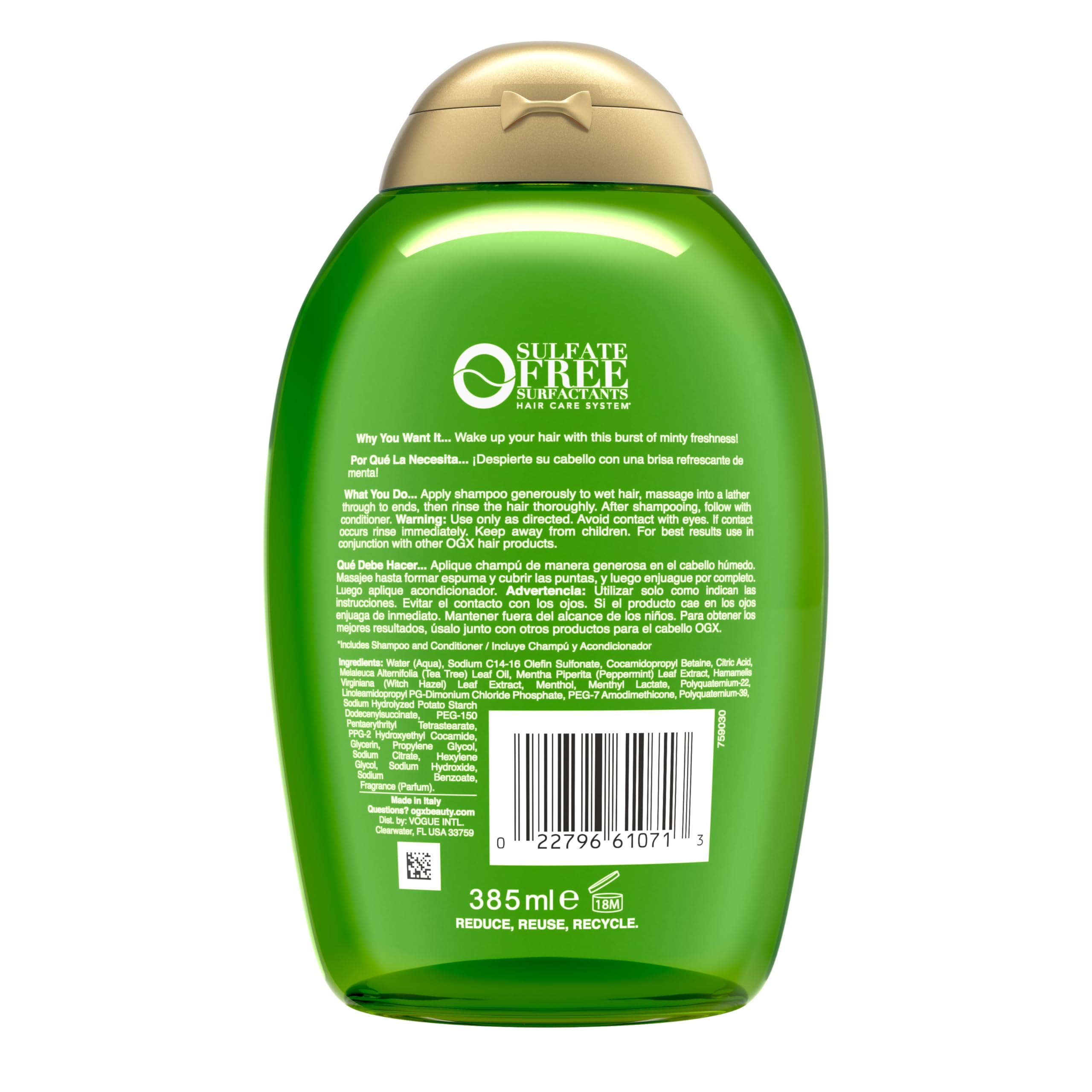 OGX Teatree Mint: rutina capilar revitalizante para cabello limpio y fresco.