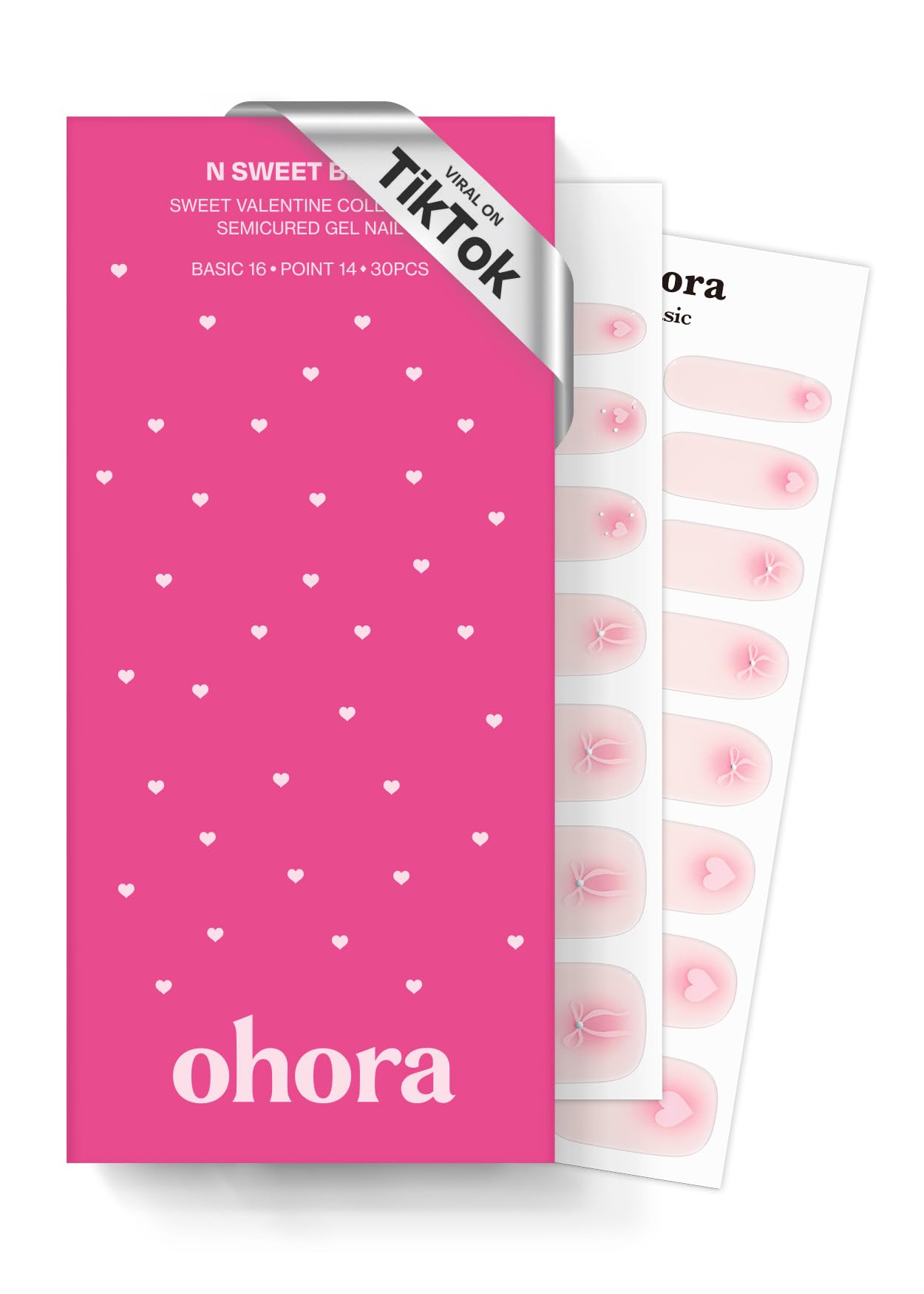 Ohora tiras gel semicurado rosa suave con estampado rosado para uñas duraderas.