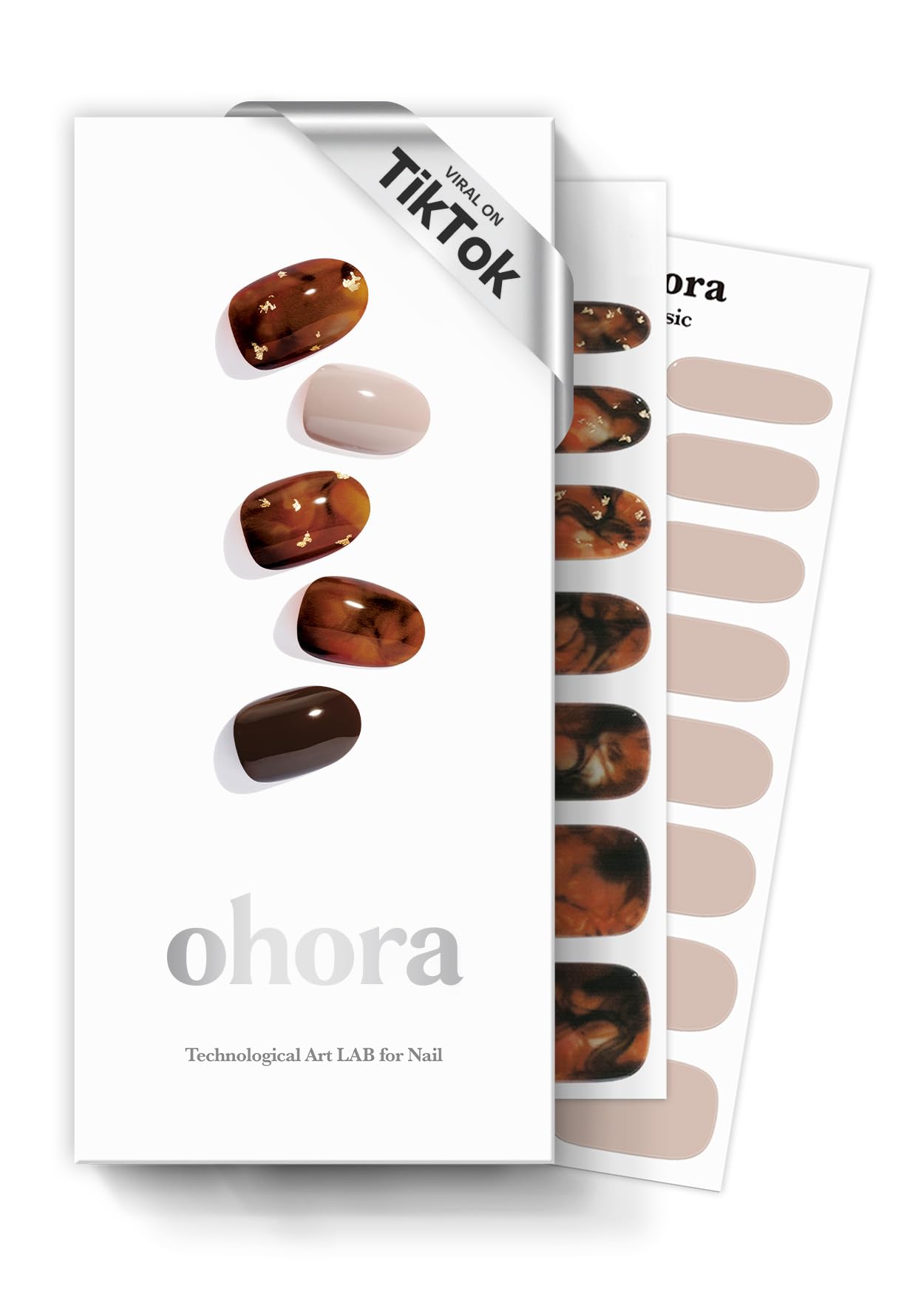 Caja ohora con laminas semicuradas brown sugar para manicura rápida y de estilo marmolado.
