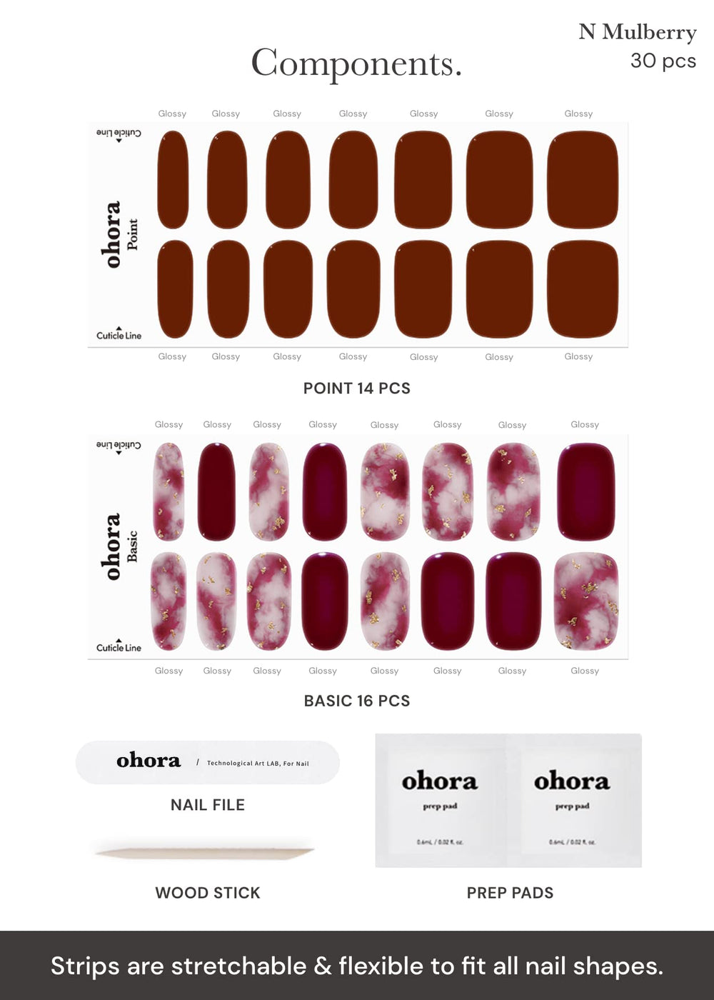 ohora N Mulberry incluye prep pads, lima y palito para ajuste preciso